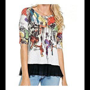 Inoah Much ADO Artsy Chiffon Hem Top 3/4 Sleeve  Sz M